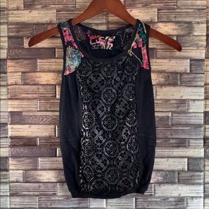 Y2K Custo Barcelona XS Black and Floral Lace Women's Top